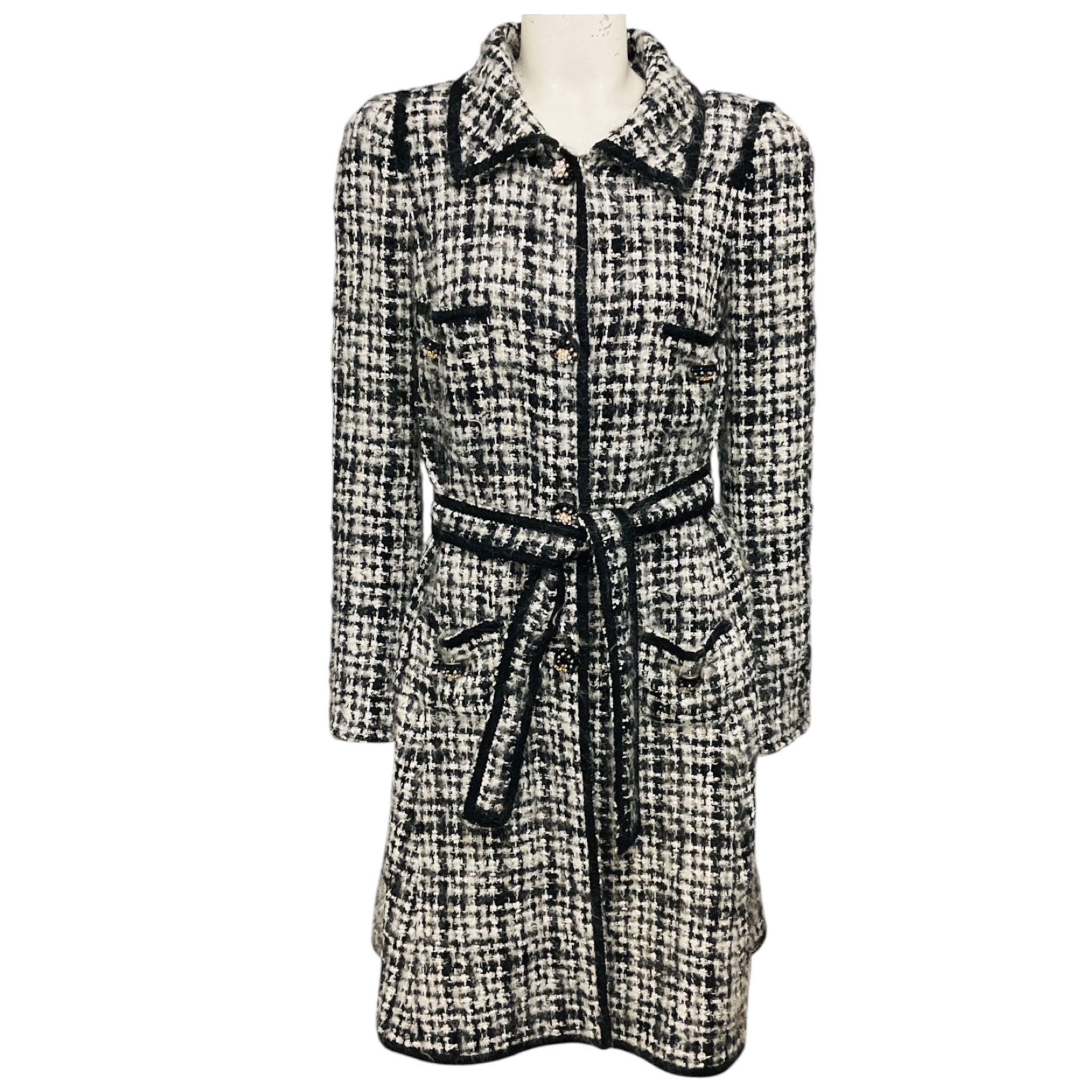 Edward Achour Black / White Belted Tweed Coat with Crystal Buttons