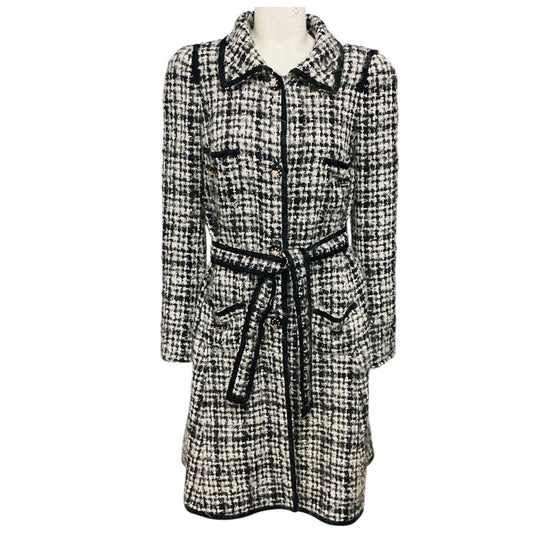 Edward Achour Black / White Belted Tweed Coat with Crystal Buttons