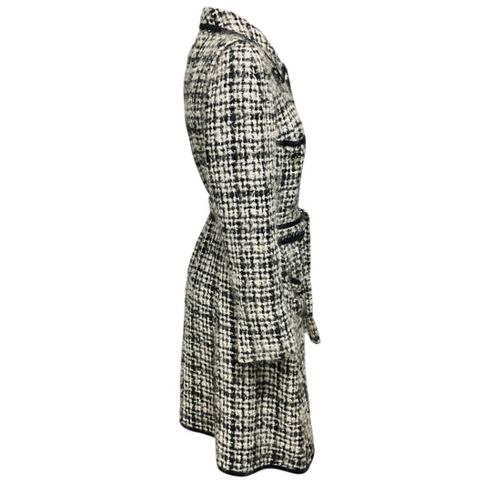 Edward Achour Black / White Belted Tweed Coat with Crystal Buttons