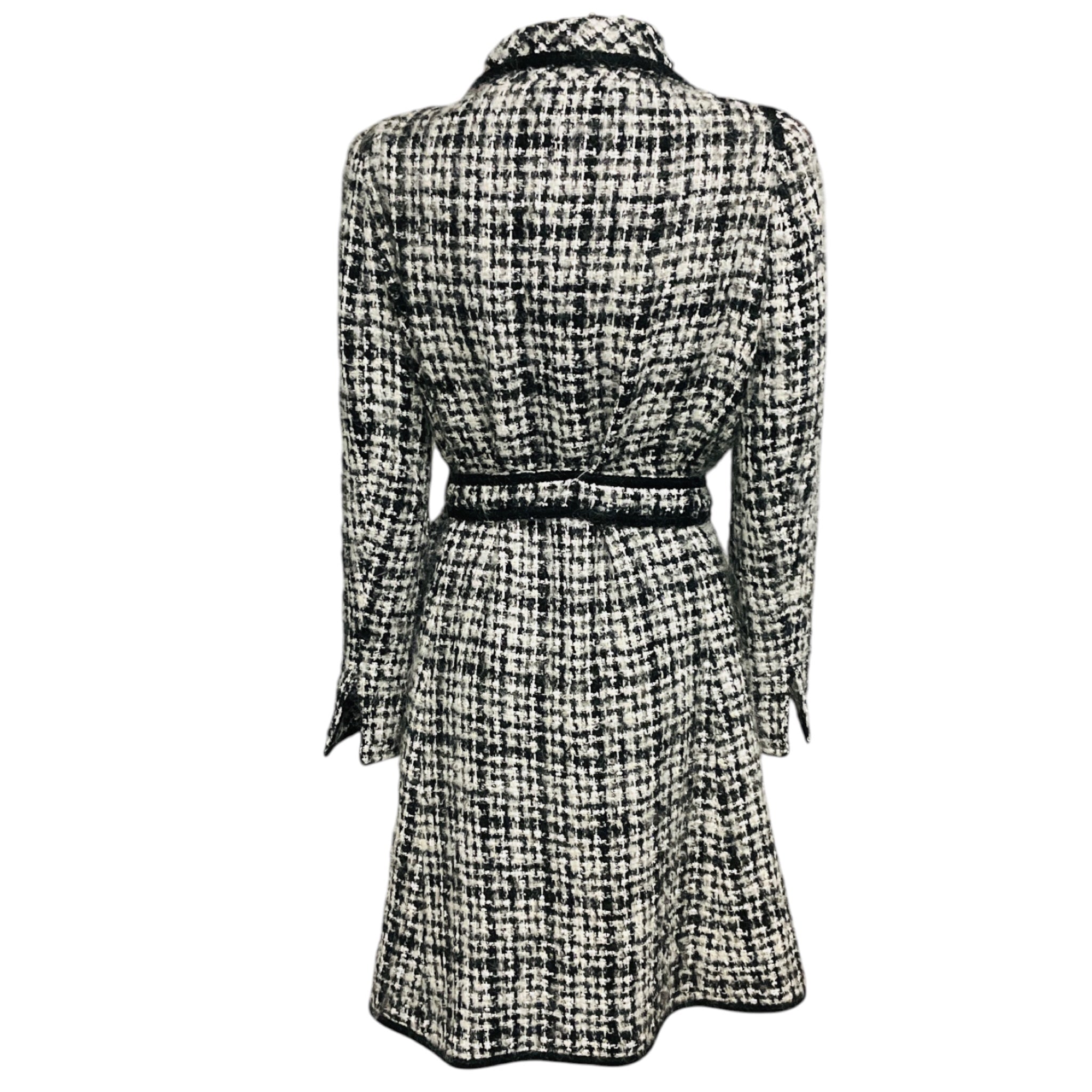 Edward Achour Black / White Belted Tweed Coat with Crystal Buttons