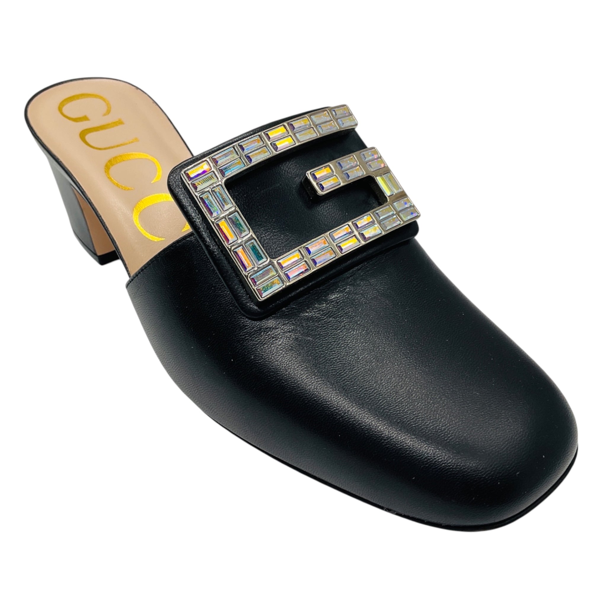 Gucci Black Crystal Embellished GG Logo Buckle Madelyn Leather Mule