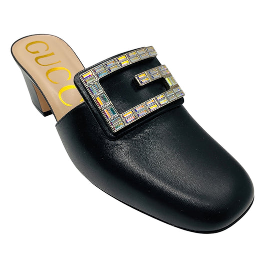 Gucci Black Crystal Embellished GG Logo Buckle Madelyn Leather Mule
