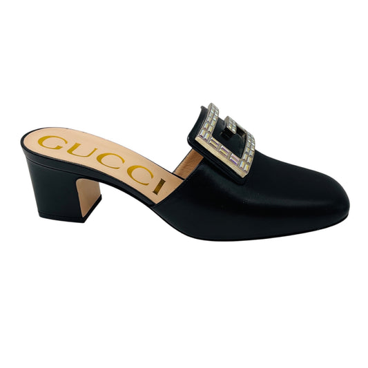 Gucci Black Crystal Embellished GG Logo Buckle Madelyn Leather Mule