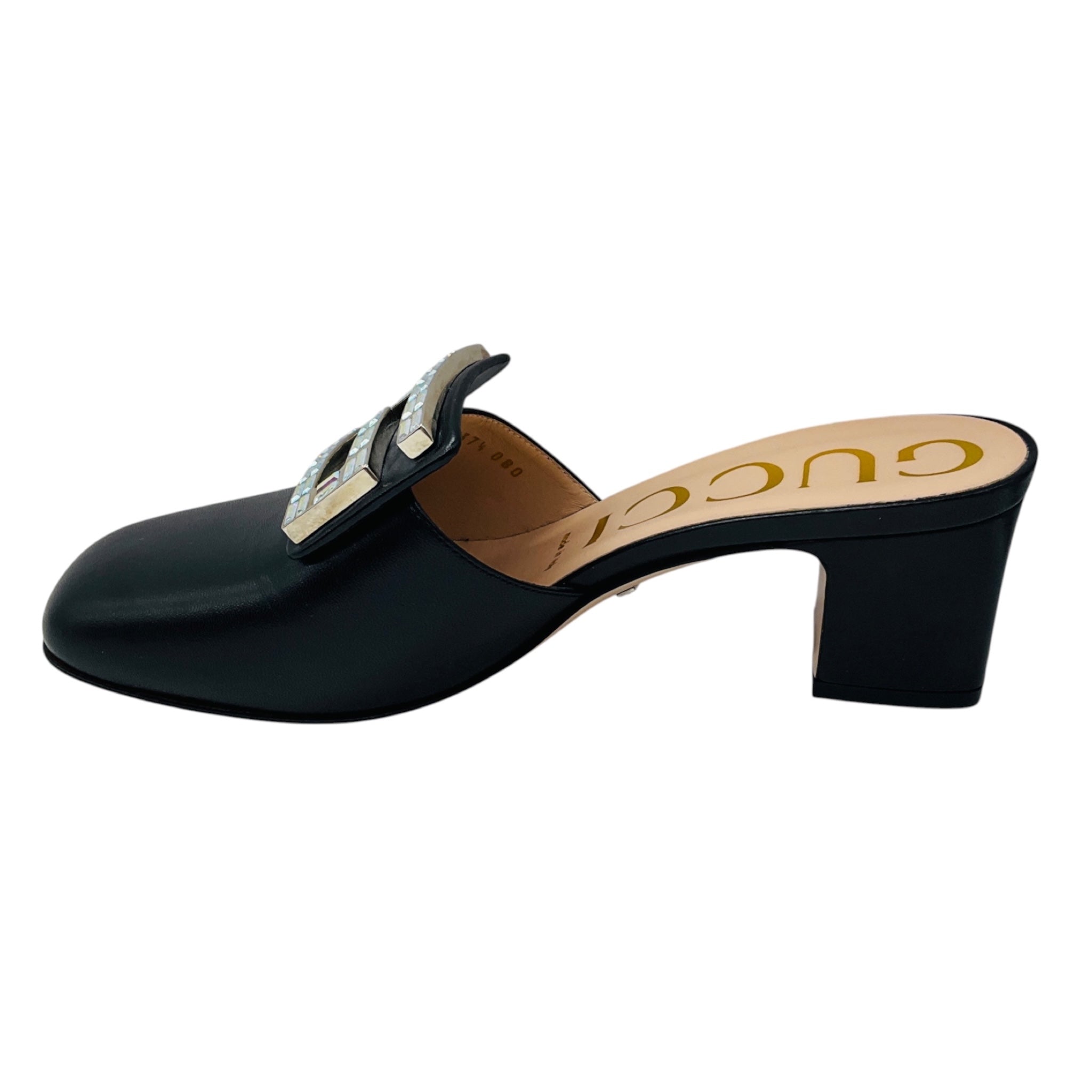 Gucci Black Crystal Embellished GG Logo Buckle Madelyn Leather Mule