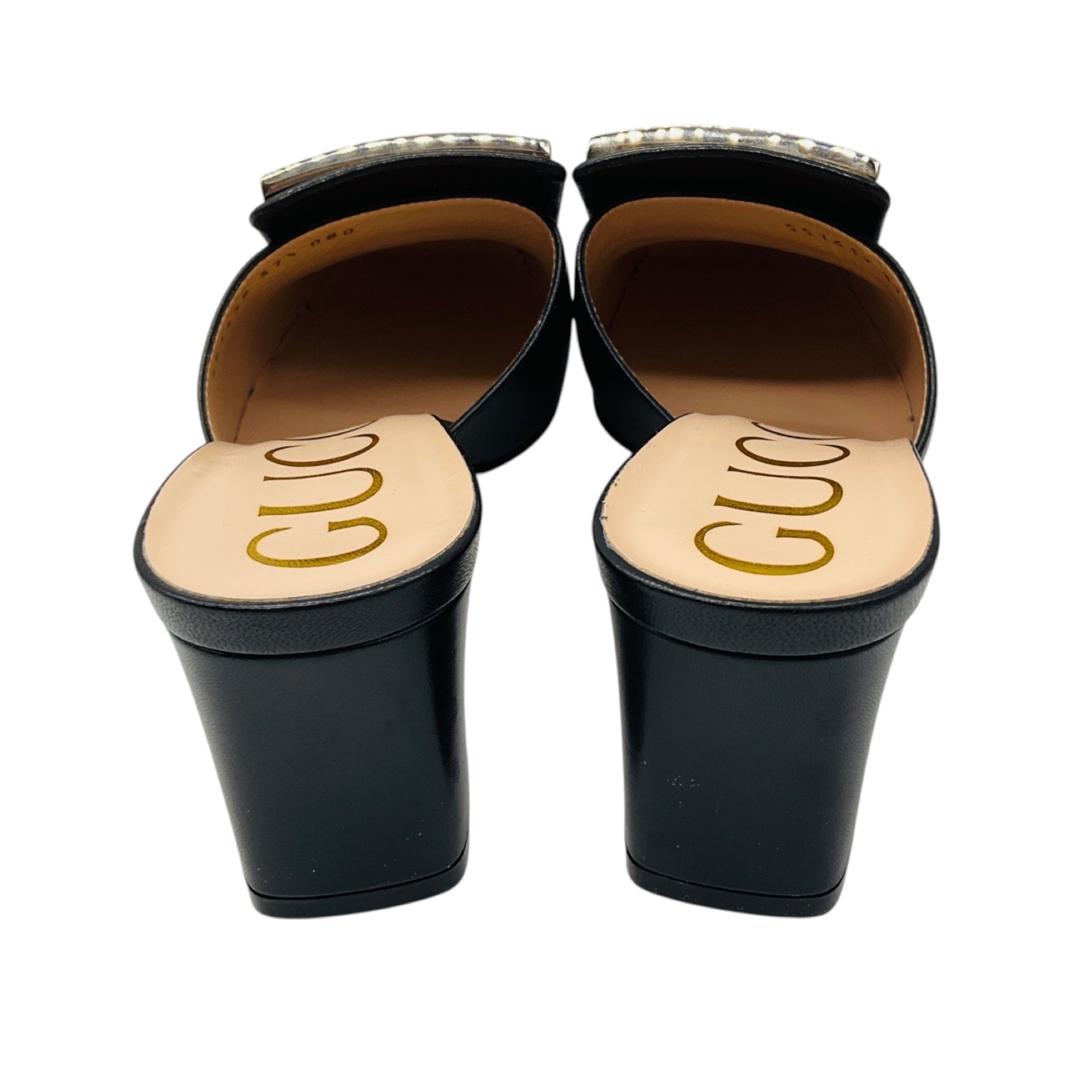 Gucci Black Crystal Embellished GG Logo Buckle Madelyn Leather Mule