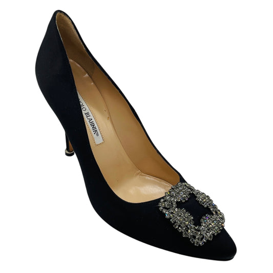 Manolo Blahnik Black Crystal Embellished Brooch Satin Pumps