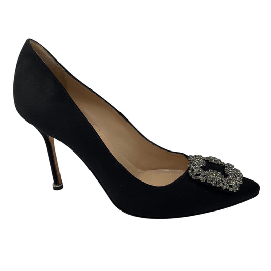 Manolo Blahnik Black Crystal Embellished Brooch Satin Pumps