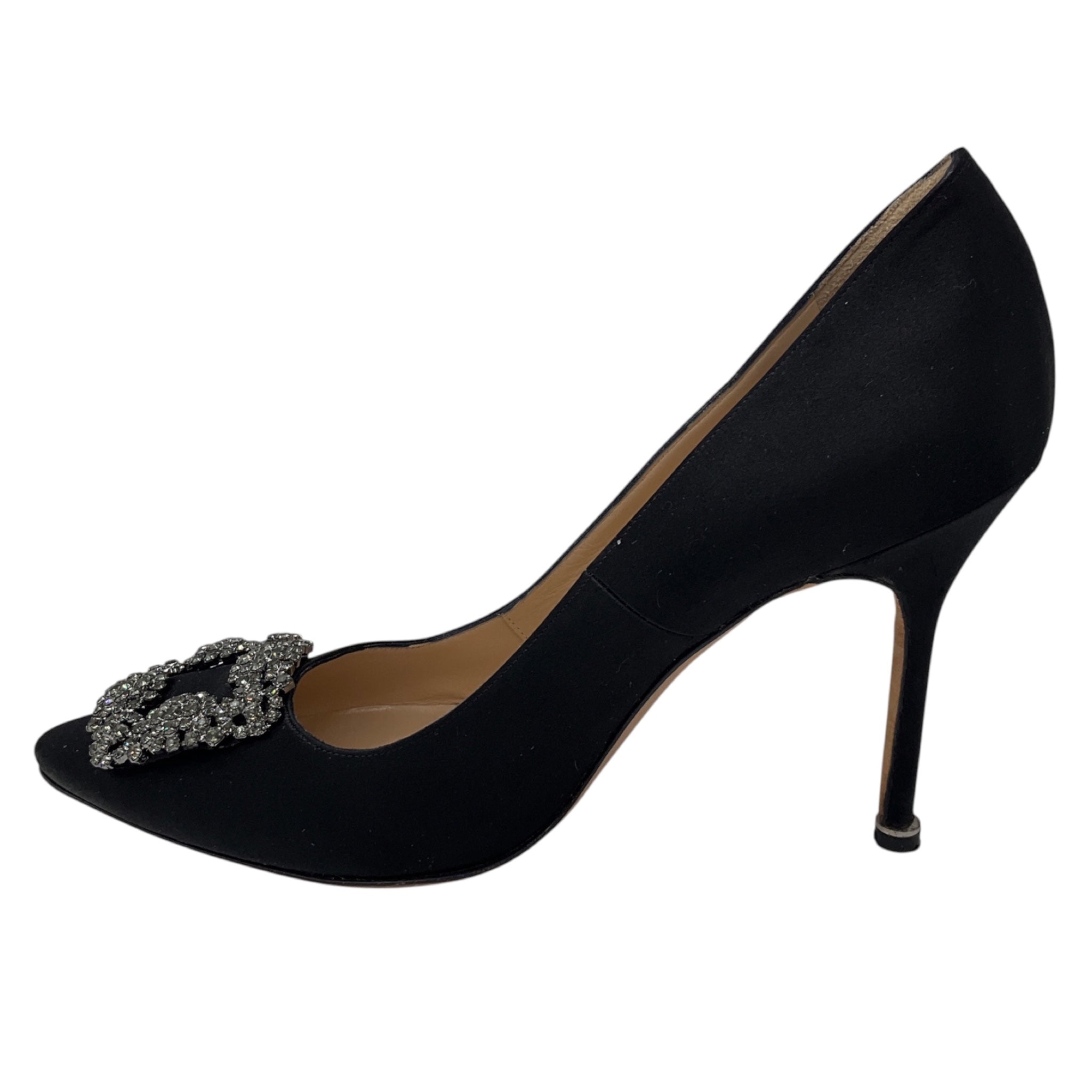 Manolo Blahnik Black Crystal Embellished Brooch Satin Pumps
