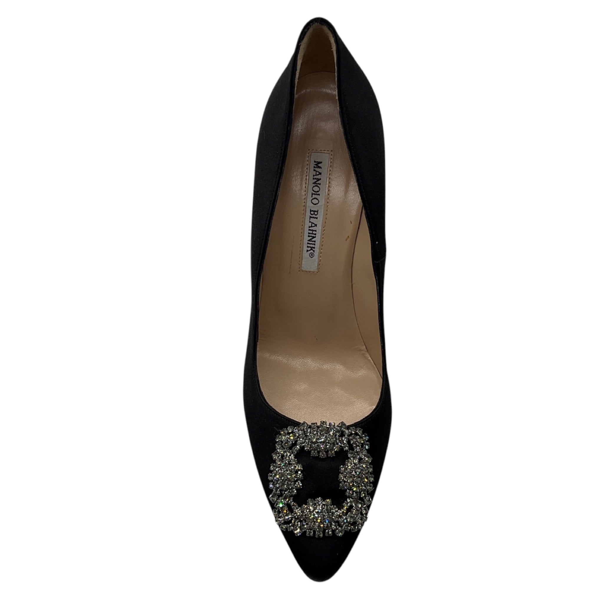 Manolo Blahnik Black Crystal Embellished Brooch Satin Pumps