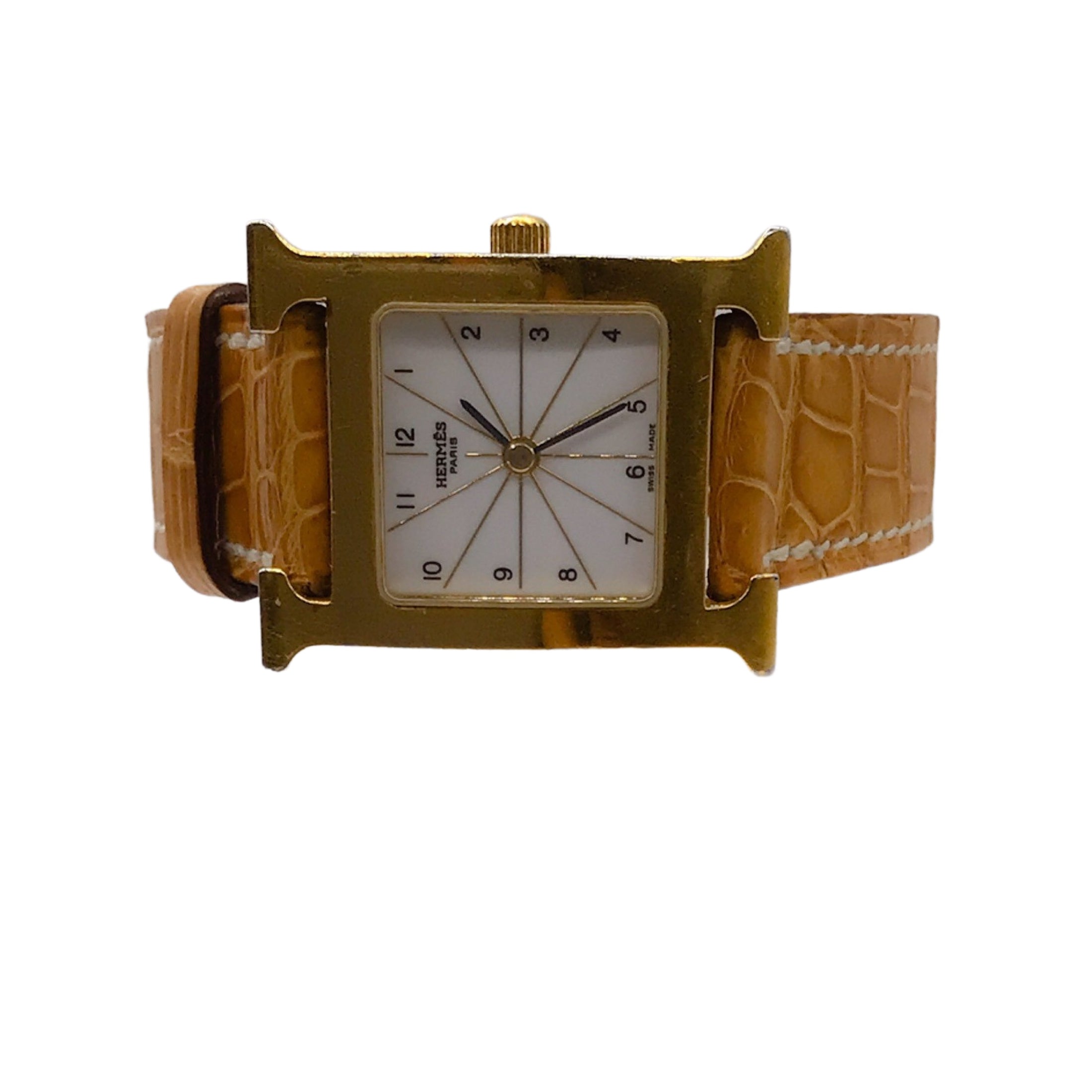 Hermes 2004 Tan / Gold Plated Crocodile Skin Leather 21mm Heure H Watch