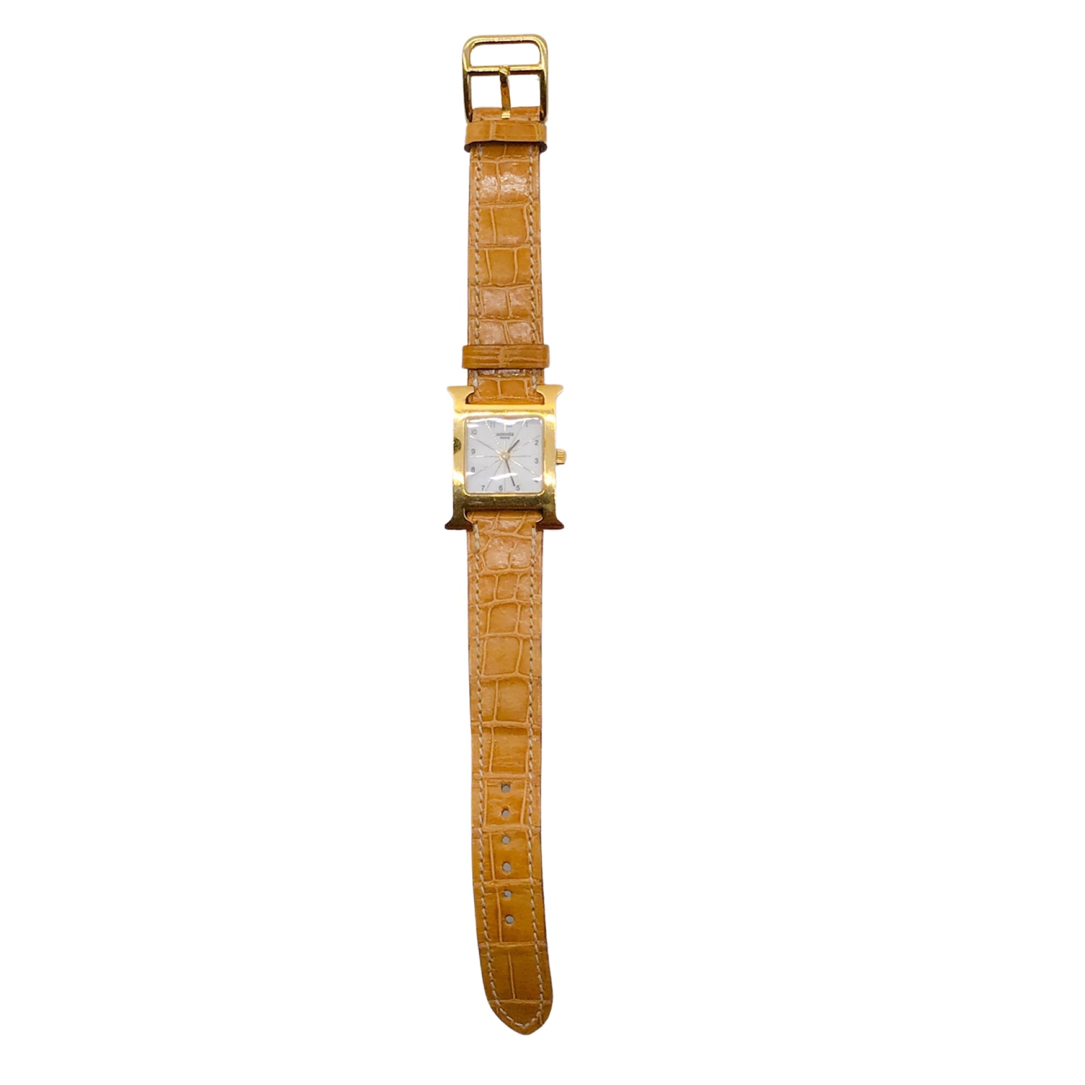 Hermes 2004 Tan / Gold Plated Crocodile Skin Leather 21mm Heure H Watch