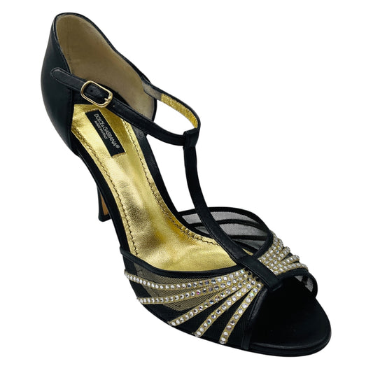 Dolce & Gabbana Black Crystal Embellished Mesh and Leather Sandals
