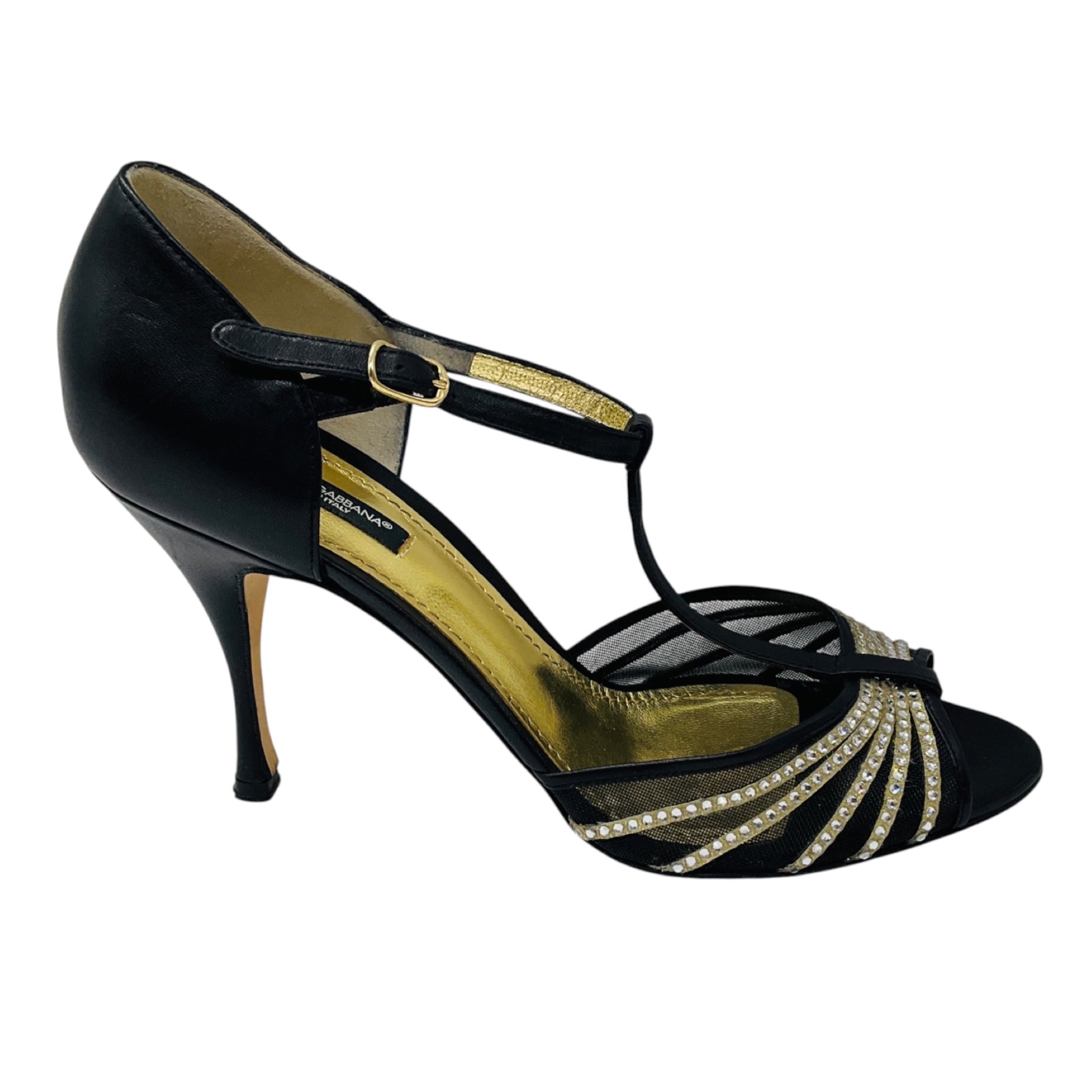 Dolce & Gabbana Black Crystal Embellished Mesh and Leather Sandals