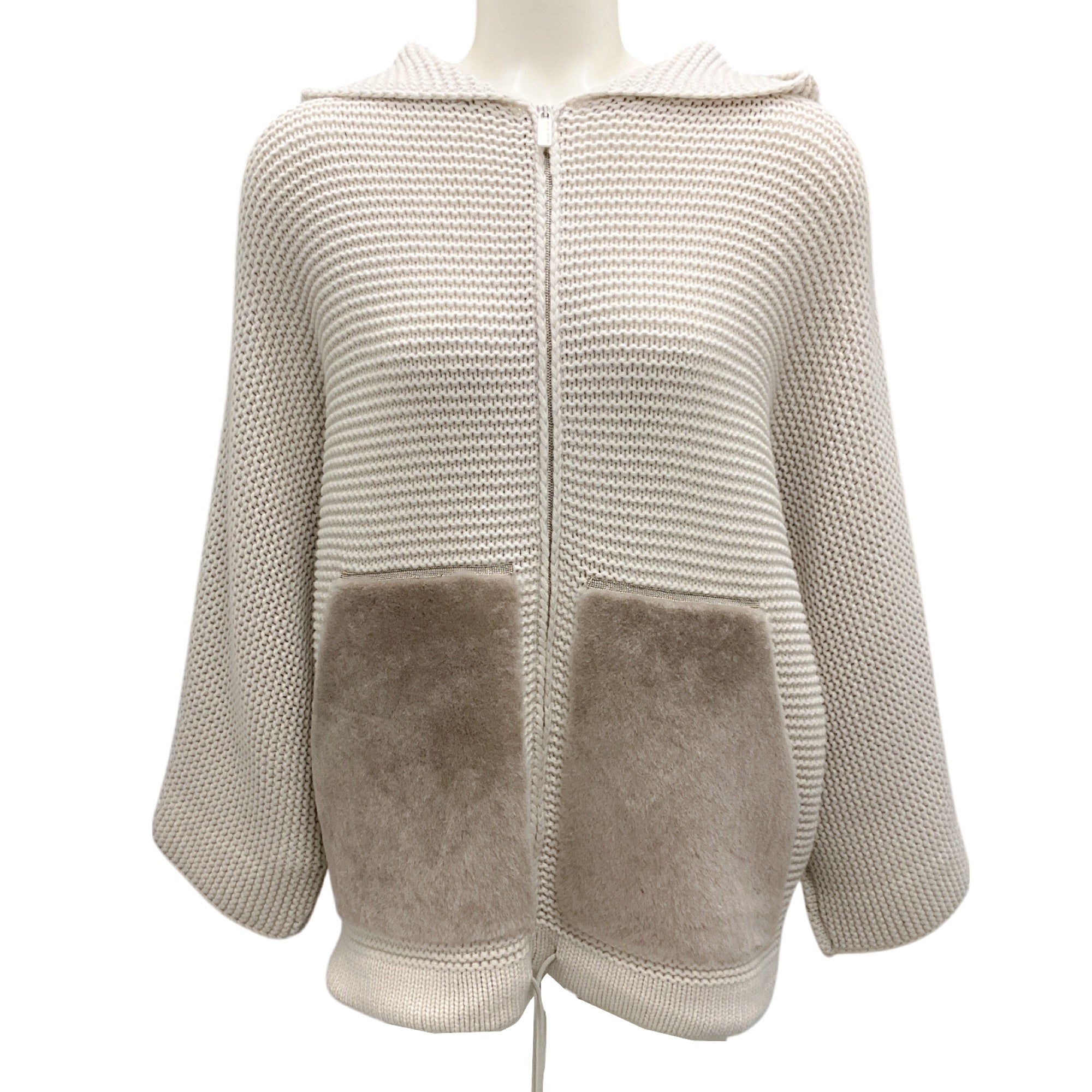 Fabiana Filippi Beige Monili Bead Embellished Shearling Pocket Wool Knit Sweater