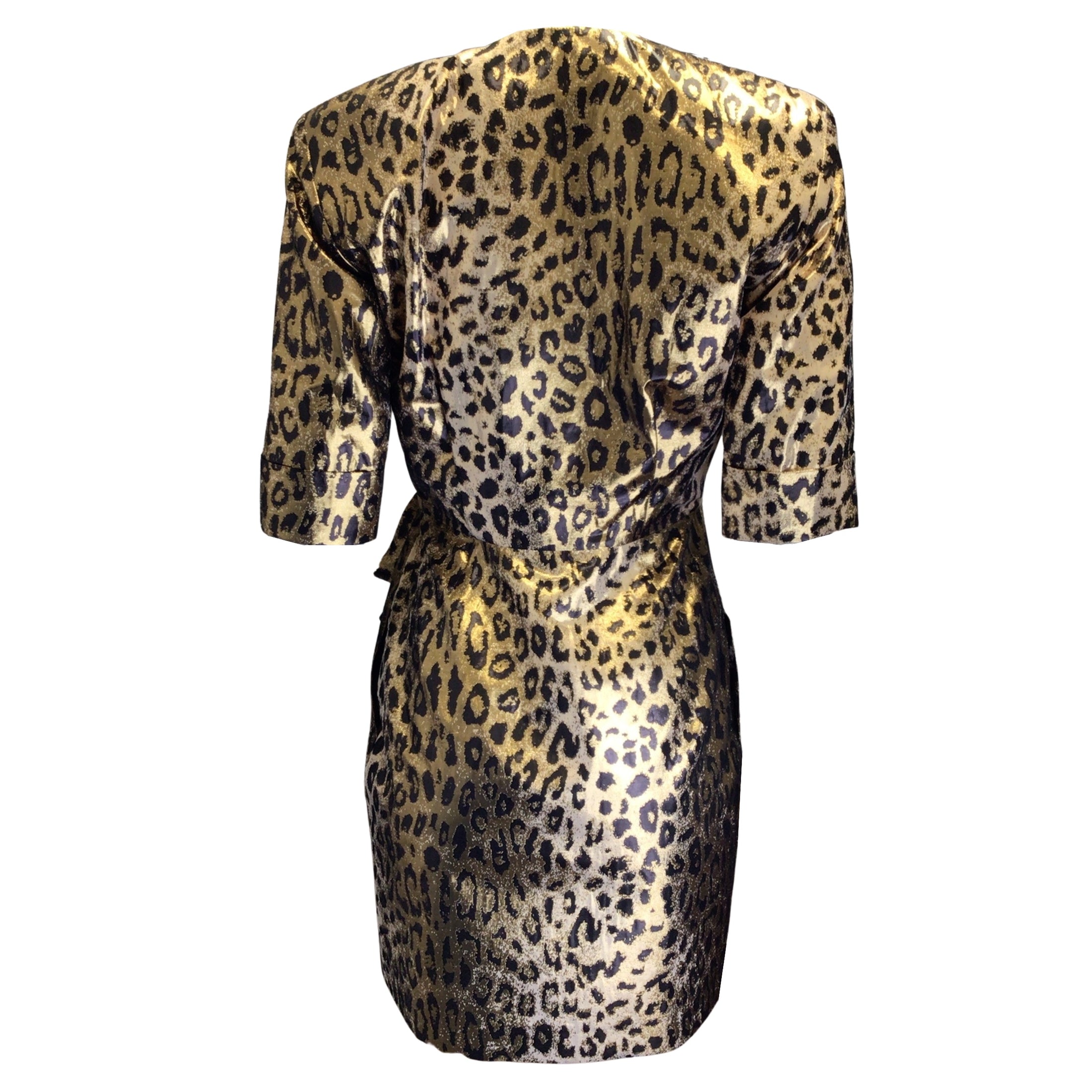 Sara Battaglia Gold Metallic / Black Leopard Printed Wrap Dress