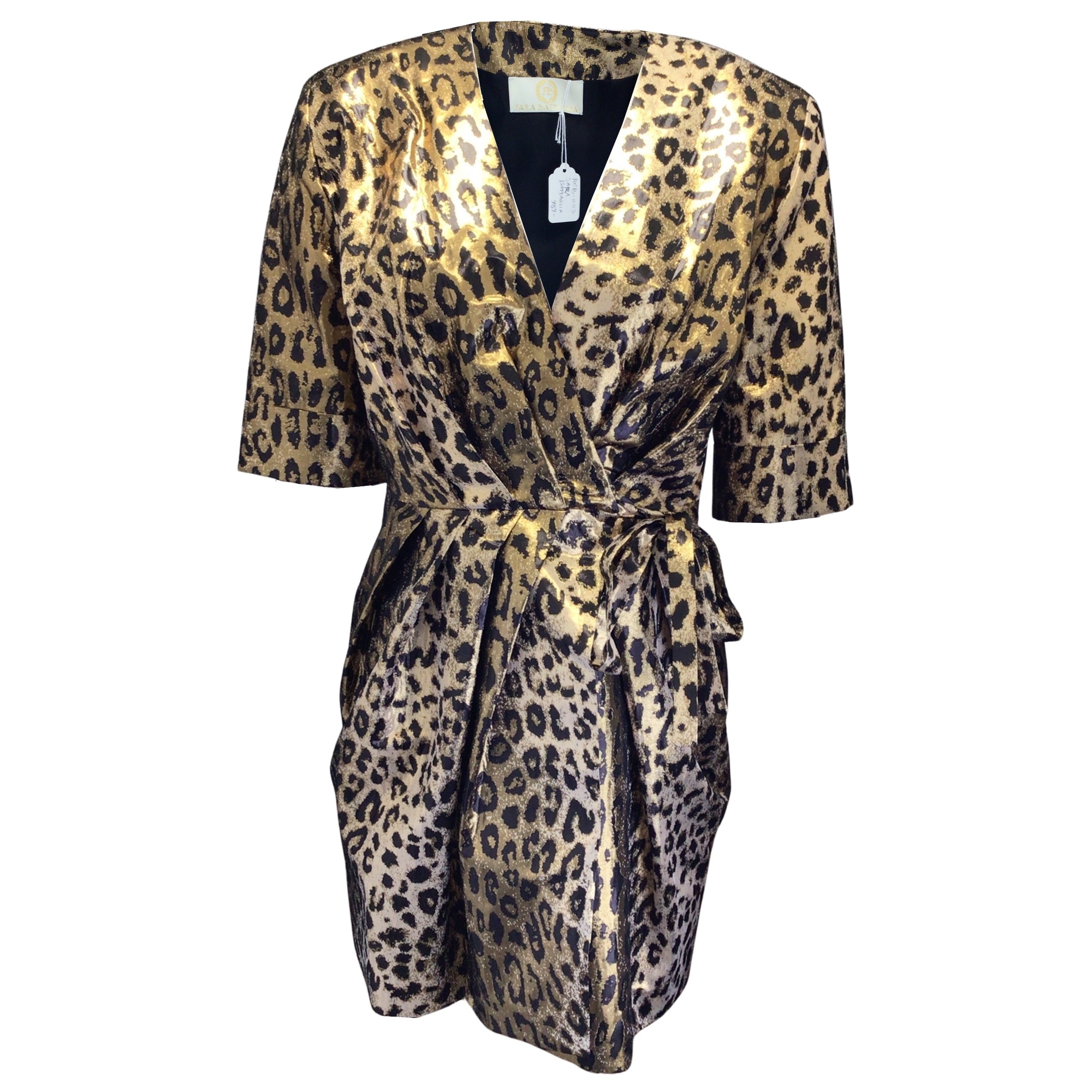 Sara Battaglia Gold Metallic / Black Leopard Printed Wrap Dress