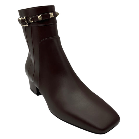 Valentino Brown / Gold Rockstud Smooth Leather Ankle Boots