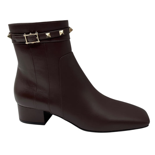 Valentino Brown / Gold Rockstud Smooth Leather Ankle Boots
