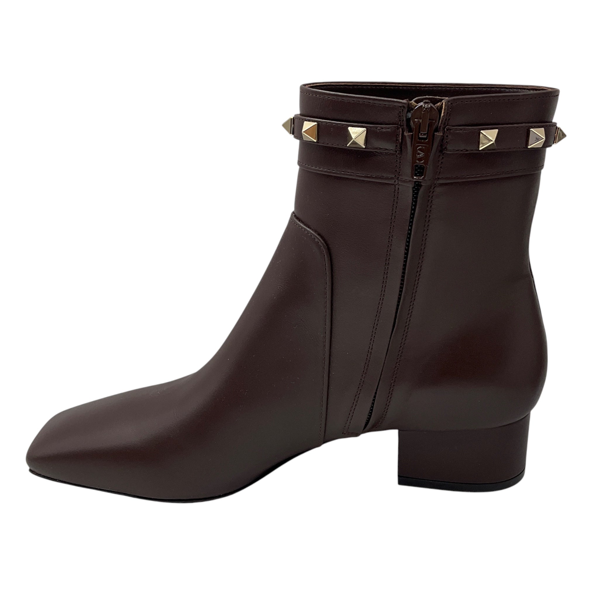 Valentino Brown / Gold Rockstud Smooth Leather Ankle Boots
