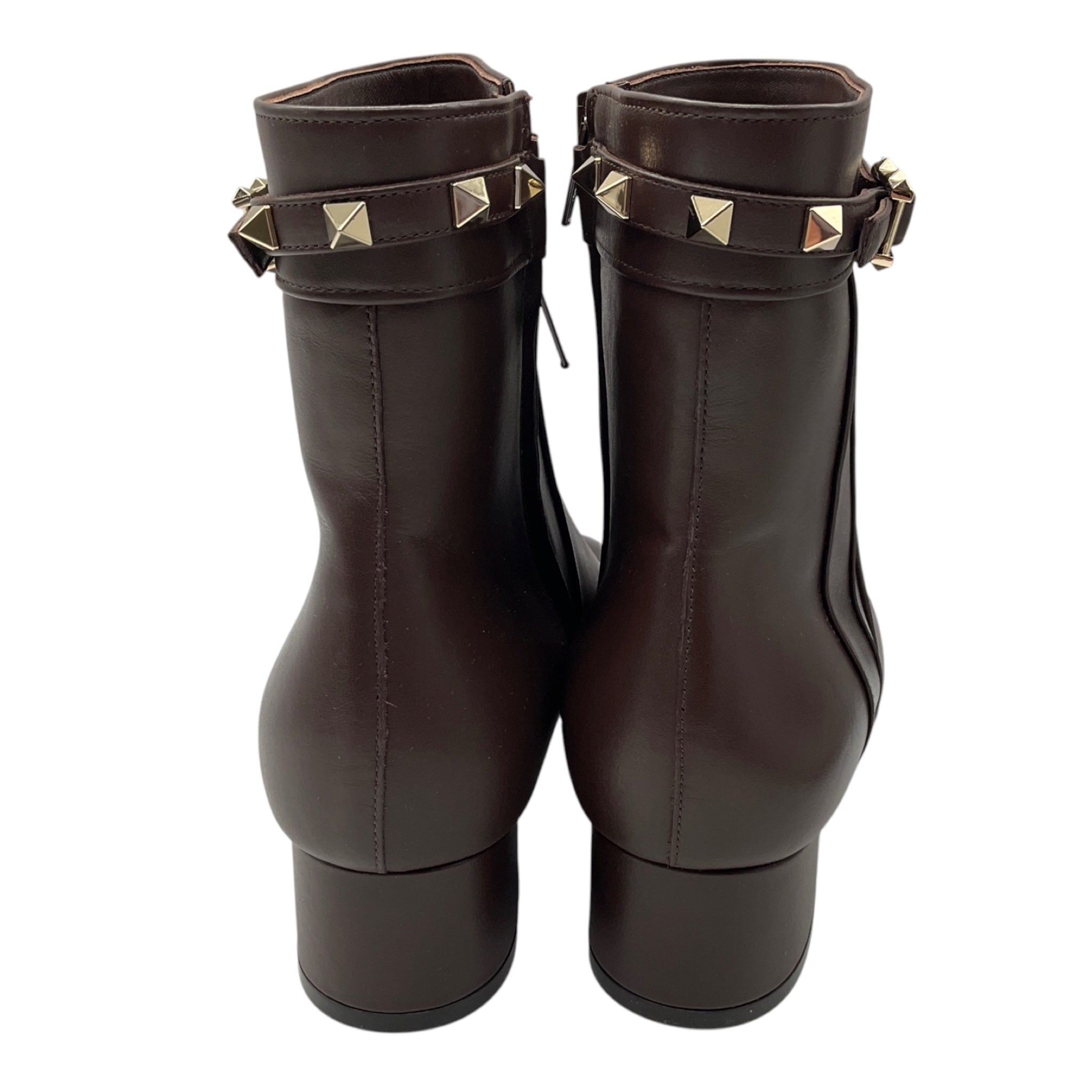 Valentino Brown / Gold Rockstud Smooth Leather Ankle Boots