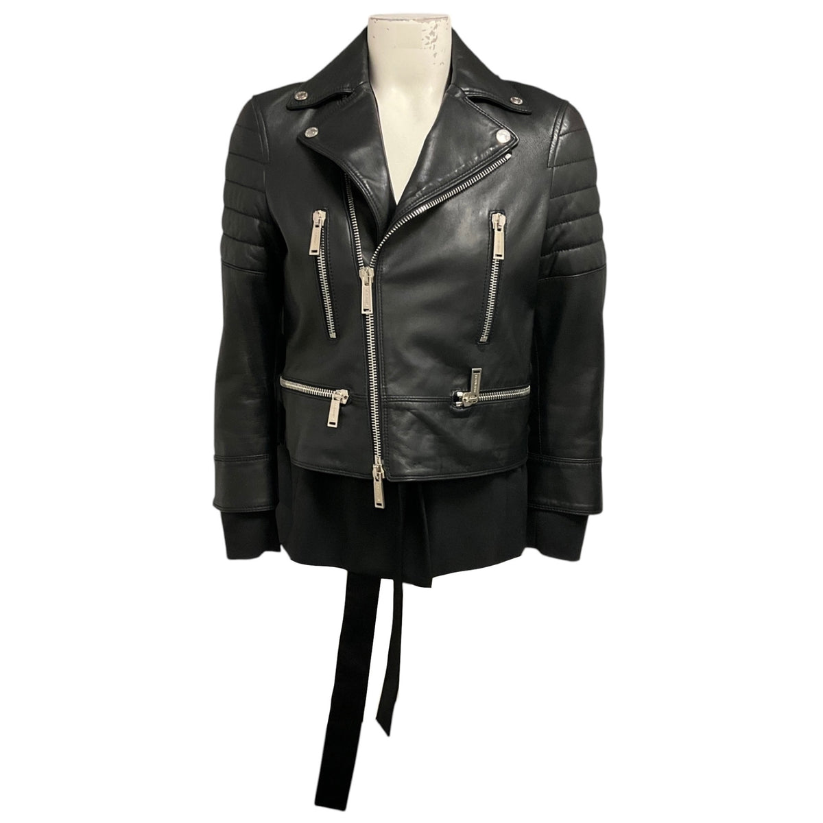 Dsquared2 Black Sheepskin Leather Moto Jacket with Fabric Trim