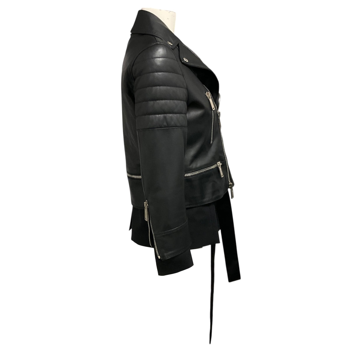 Dsquared2 Black Sheepskin Leather Moto Jacket with Fabric Trim