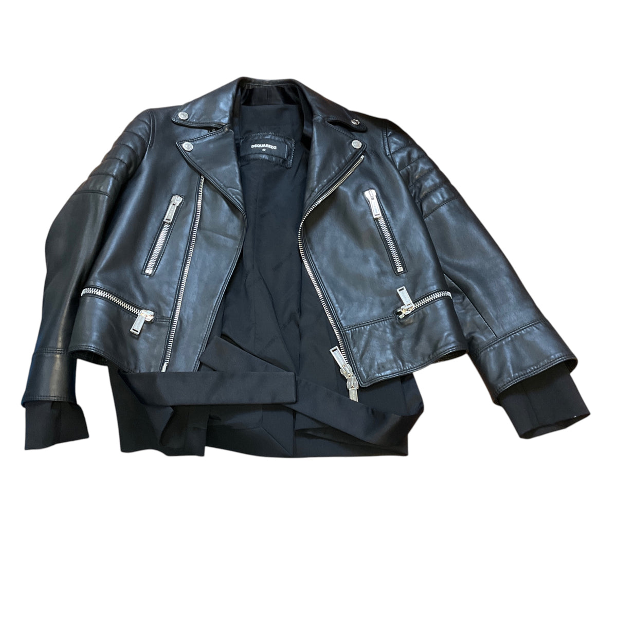 Dsquared2 Black Sheepskin Leather Moto Jacket with Fabric Trim