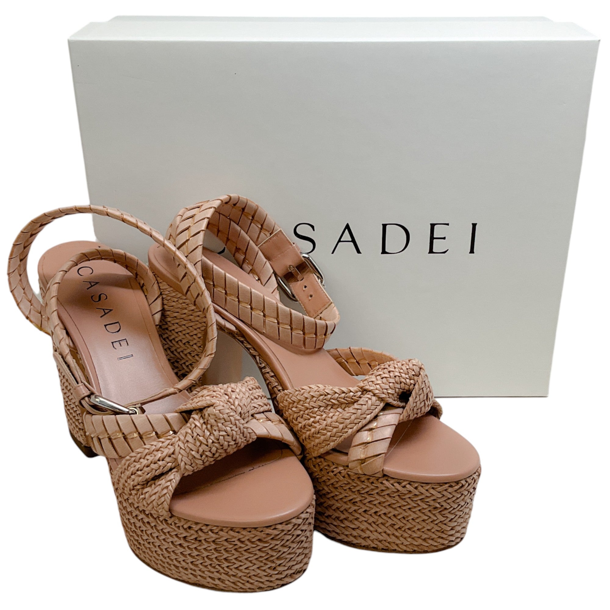 Casadei Natural Dafne Woven Leather Formentera Platform Sandals