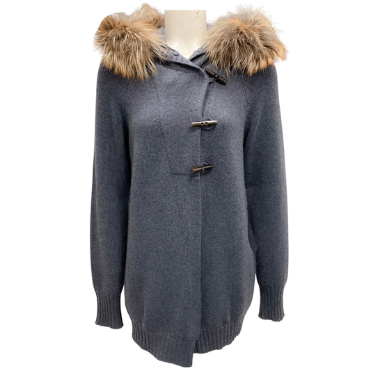 Brunello Cucinelli Slate Blue Fox Fur Trim Cashmere Knit Toggle Sweater