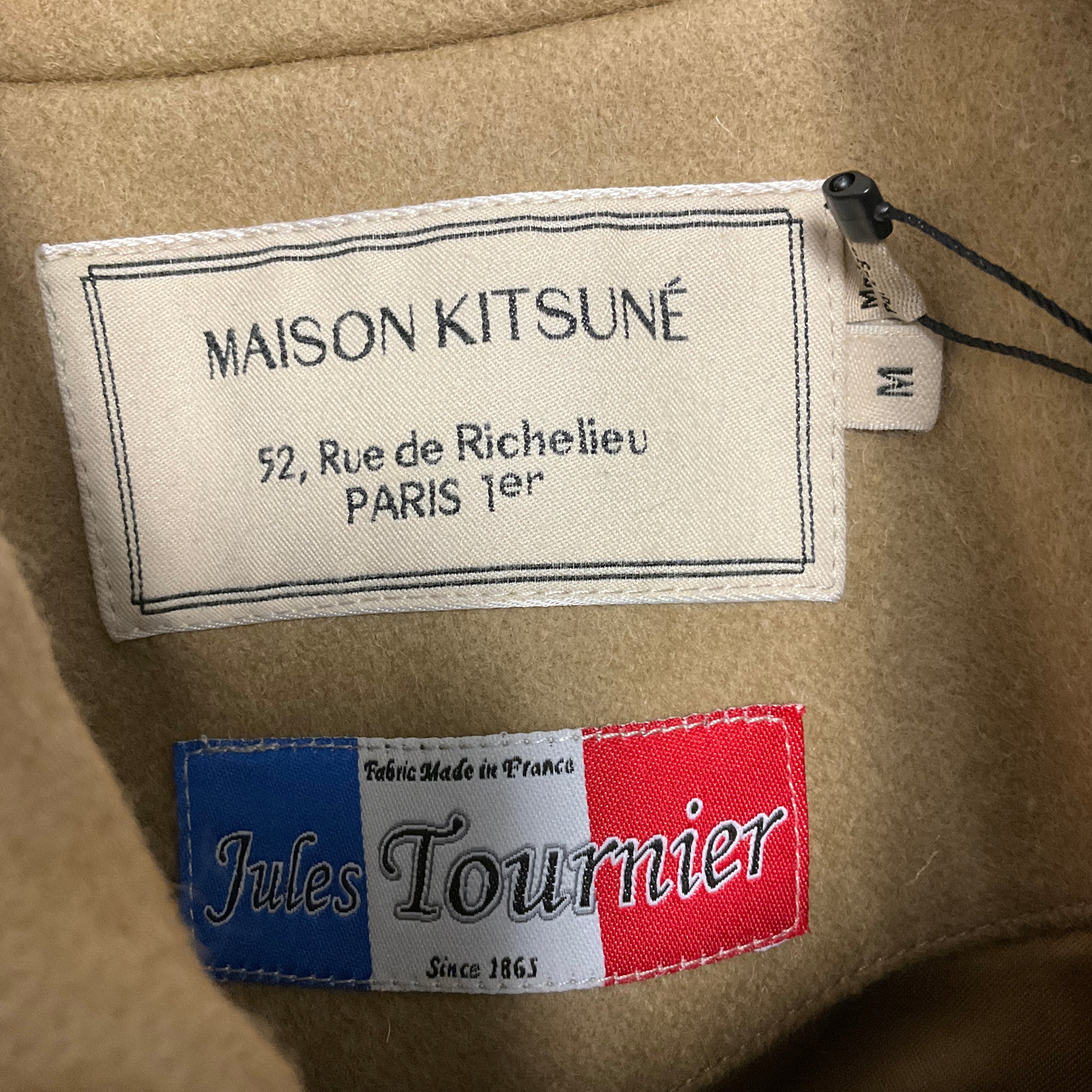 Maison Kitsune Tan / Red Quilted Hem Wool Coat