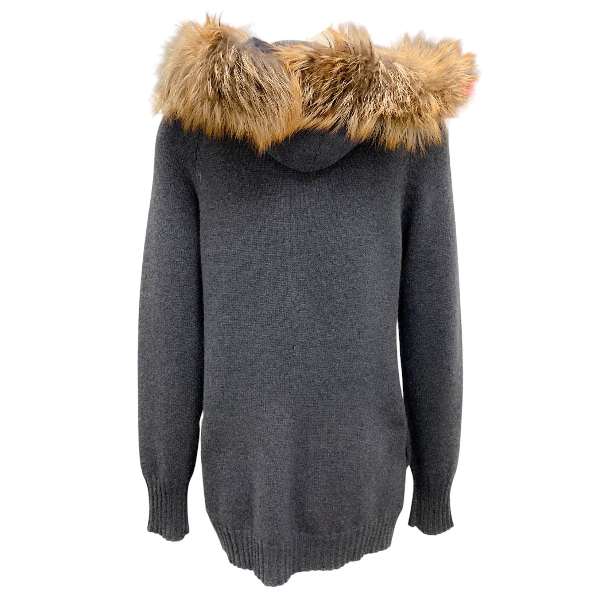 Brunello Cucinelli Slate Blue Fox Fur Trim Cashmere Knit Toggle Sweater