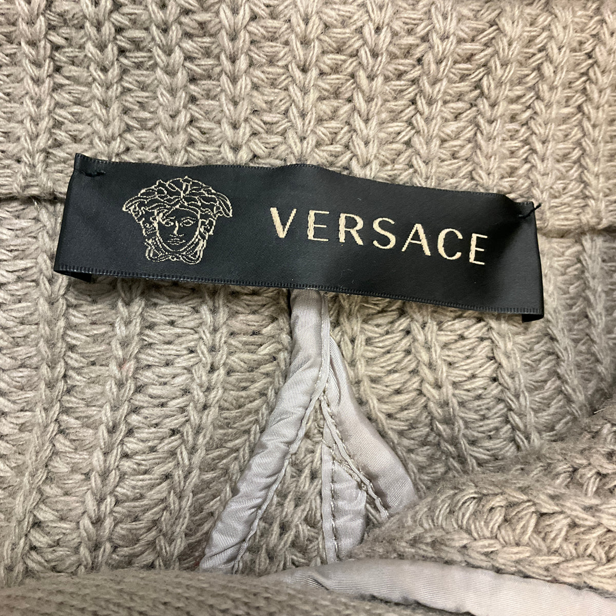 Versace Taupe Sequined Wool and Cashmere Knit Long Cardigan Sweater with Fox Fur Collar