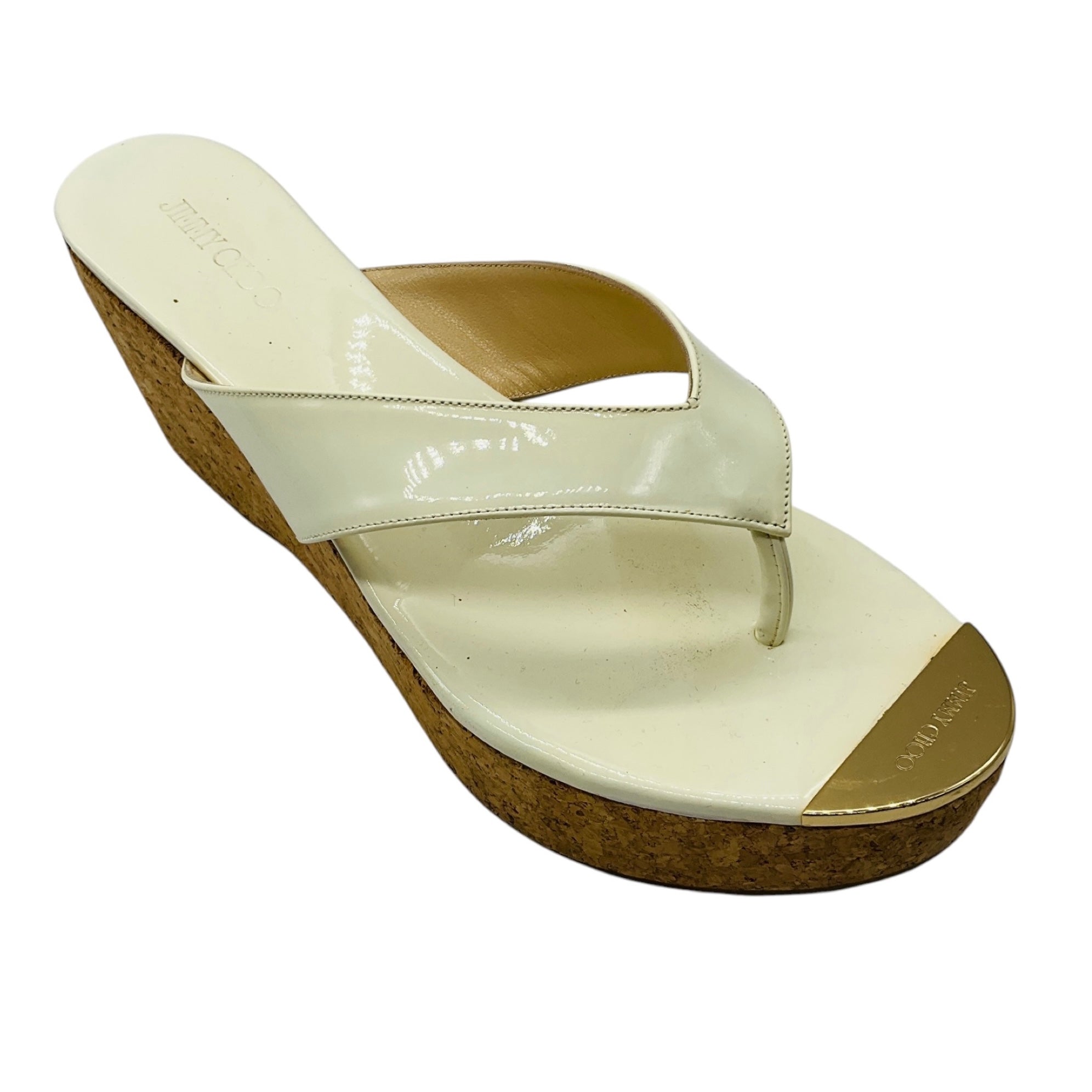 Jimmy Choo Ivory Patent Leather Cork Heel Wedge Thong Sandals with Gold Trim