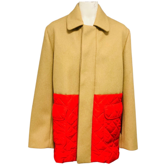Maison Kitsune Tan / Red Quilted Hem Wool Coat