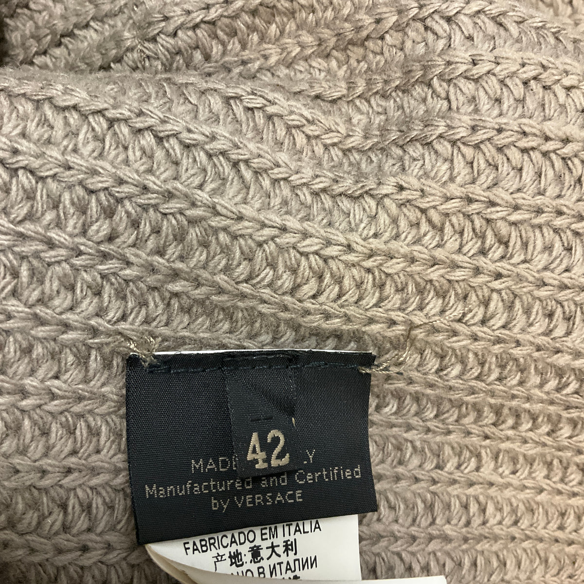 Versace Taupe Sequined Wool and Cashmere Knit Long Cardigan Sweater with Fox Fur Collar