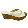 Load image into Gallery viewer, Jimmy Choo Ivory Patent Leather Cork Heel Wedge Thong Sandals with Gold Trim

