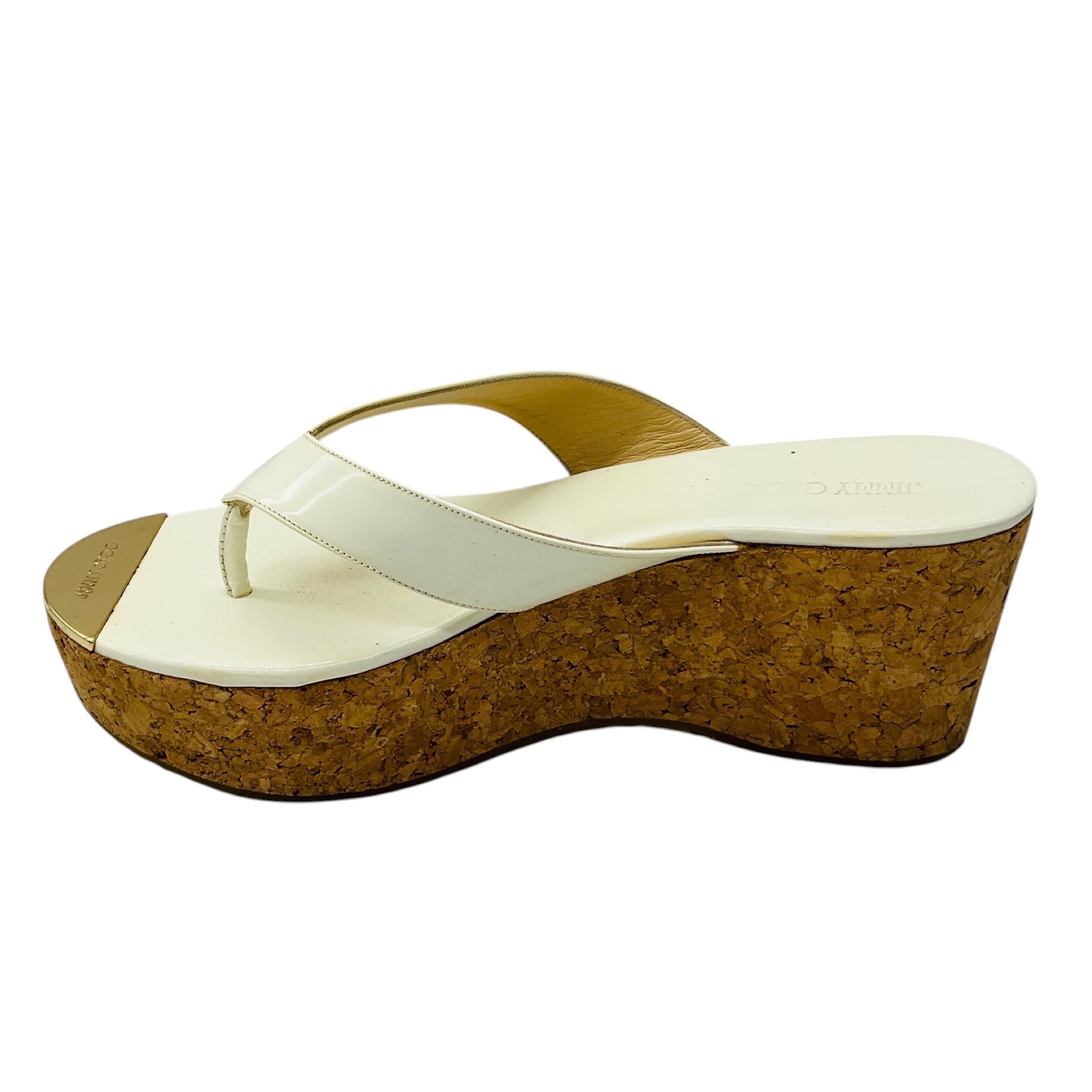 Jimmy Choo Ivory Patent Leather Cork Heel Wedge Thong Sandals with Gold Trim