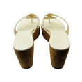 Load image into Gallery viewer, Jimmy Choo Ivory Patent Leather Cork Heel Wedge Thong Sandals with Gold Trim
