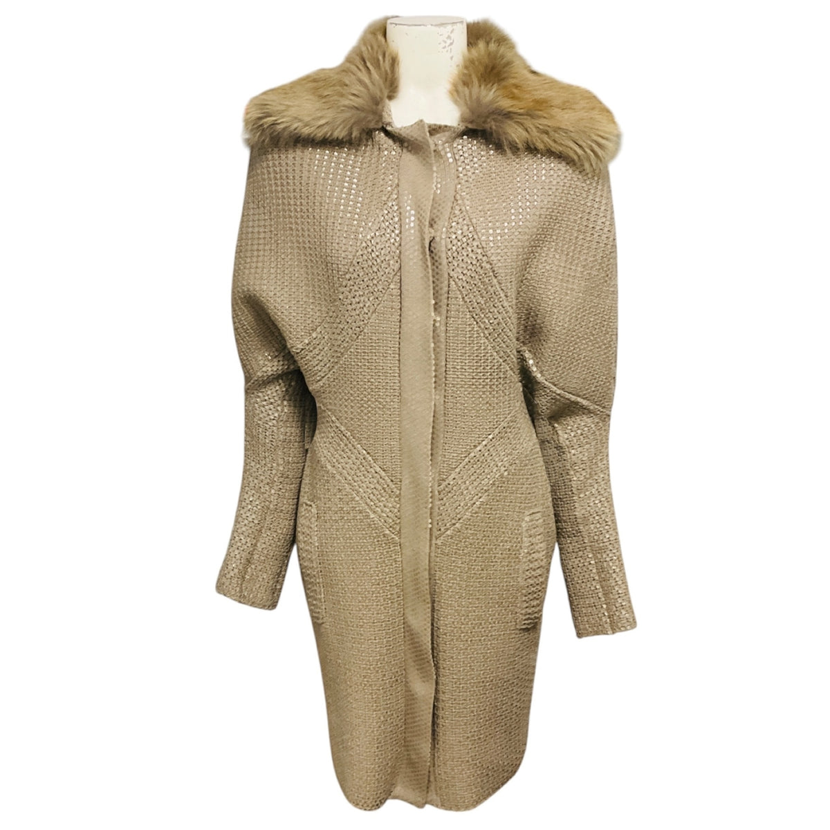 Versace Taupe Sequined Wool and Cashmere Knit Long Cardigan Sweater with Fox Fur Collar