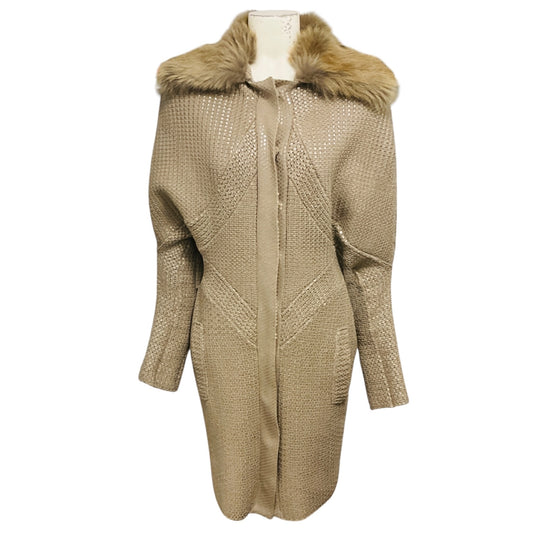 Versace Taupe Sequined Wool and Cashmere Knit Long Cardigan Sweater with Fox Fur Collar