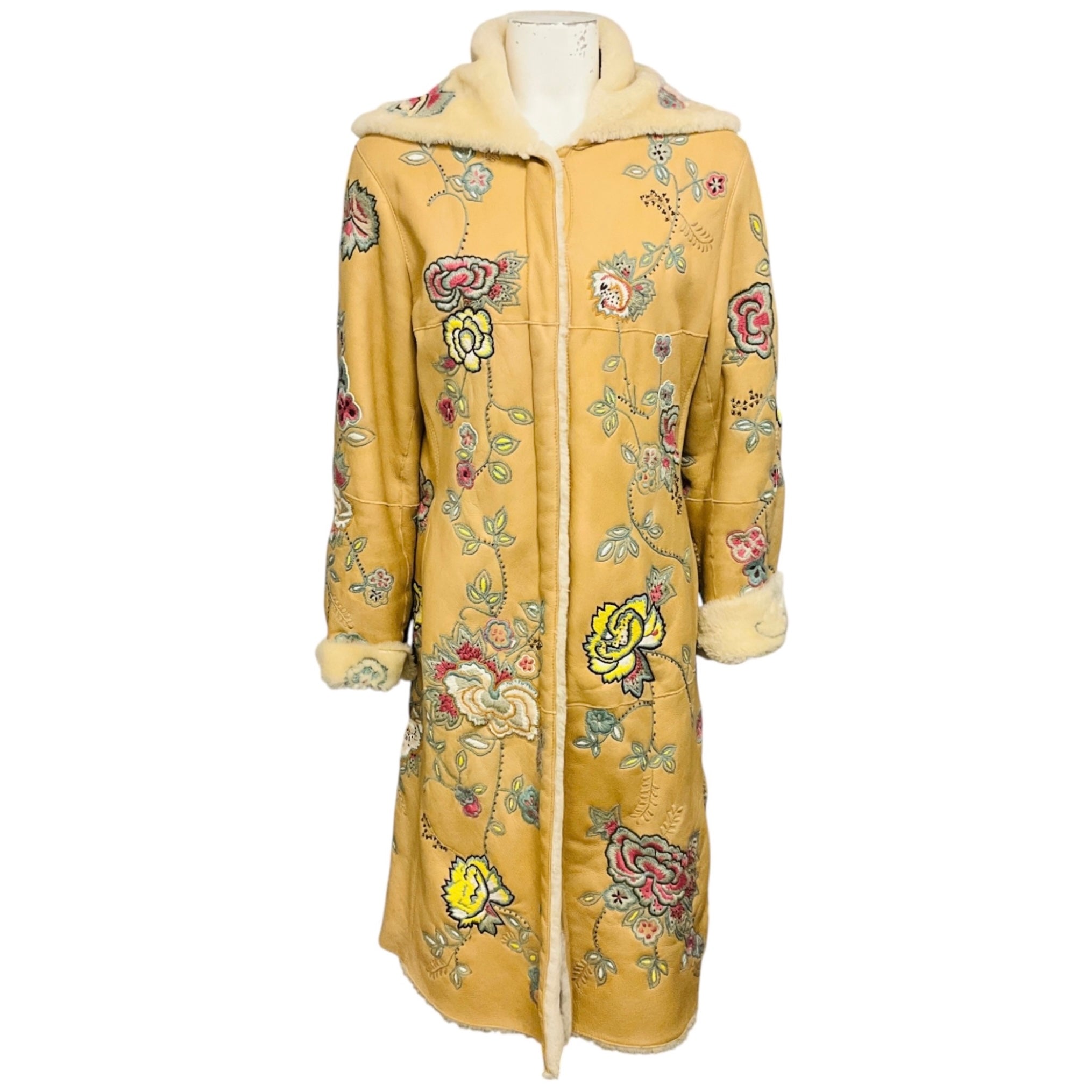 Bogner Beige Multi Floral Embroidered Mid Length Shearling Coat