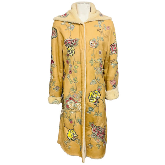 Bogner Beige Multi Floral Embroidered Mid Length Shearling Coat