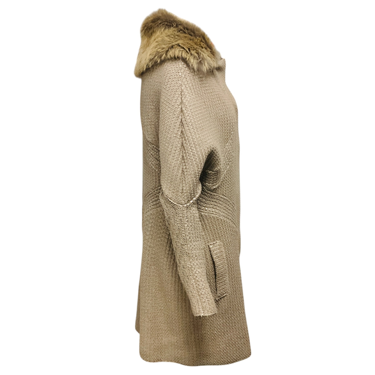 Versace Taupe Sequined Wool and Cashmere Knit Long Cardigan Sweater with Fox Fur Collar