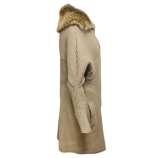 Versace Taupe Sequined Wool and Cashmere Knit Long Cardigan Sweater with Fox Fur Collar