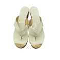 Load image into Gallery viewer, Jimmy Choo Ivory Patent Leather Cork Heel Wedge Thong Sandals with Gold Trim
