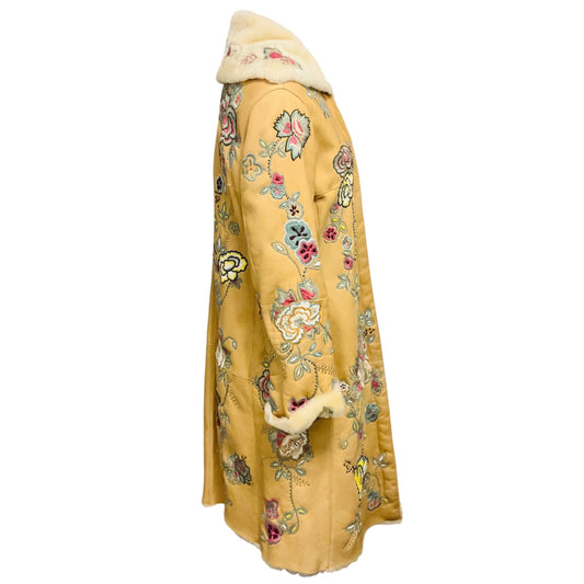 Bogner Beige Multi Floral Embroidered Mid Length Shearling Coat
