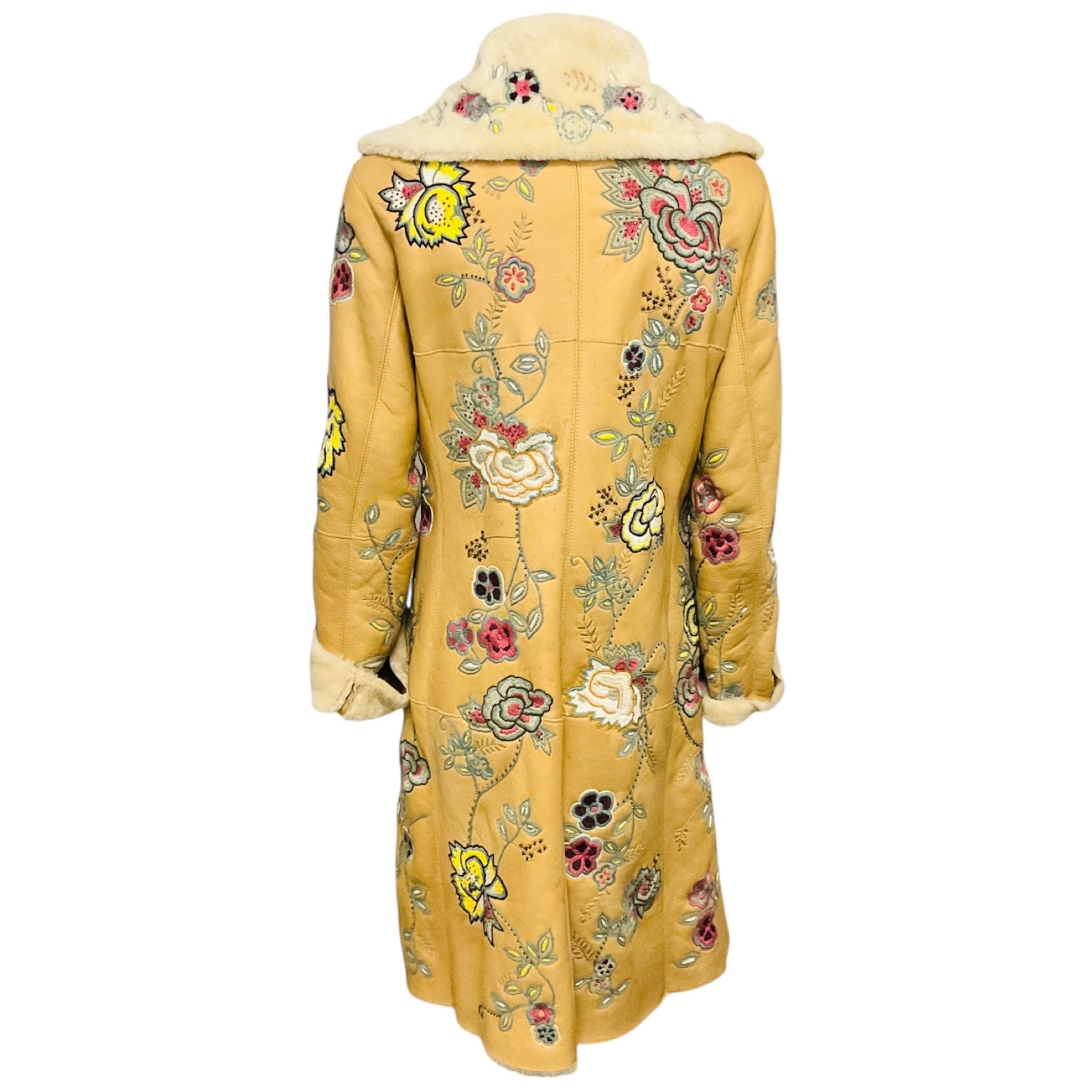 Bogner Beige Multi Floral Embroidered Mid Length Shearling Coat