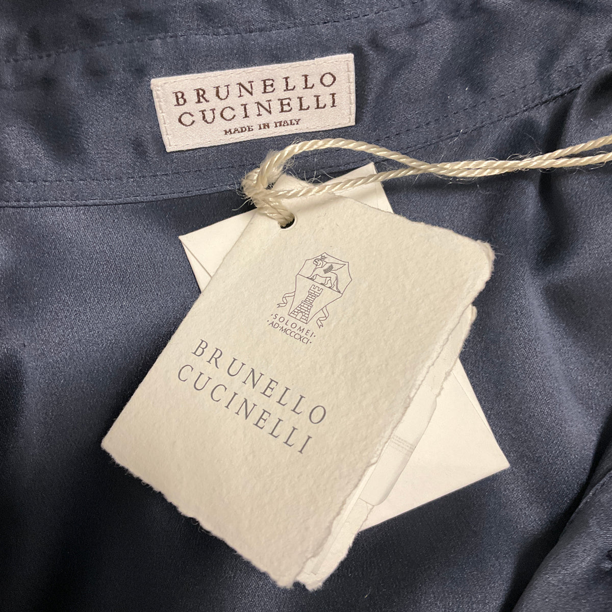 Brunello Cucinelli Night Sky Navy Blue Silk Shirt with Monili Chain