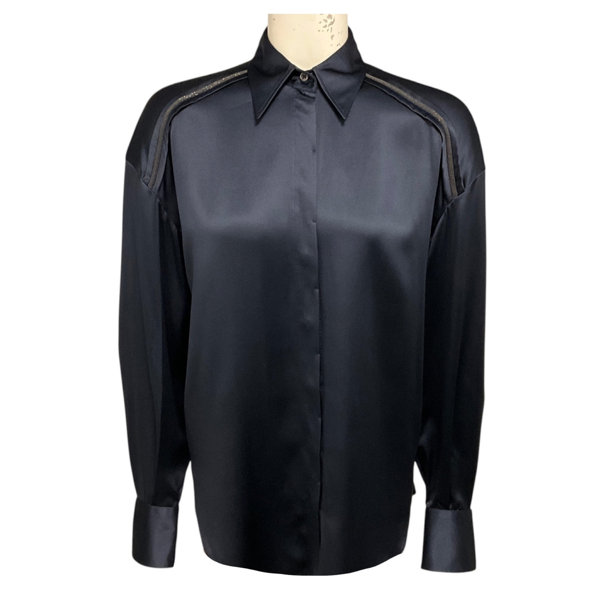 Brunello Cucinelli Night Sky Navy Blue Silk Shirt with Monili Chain