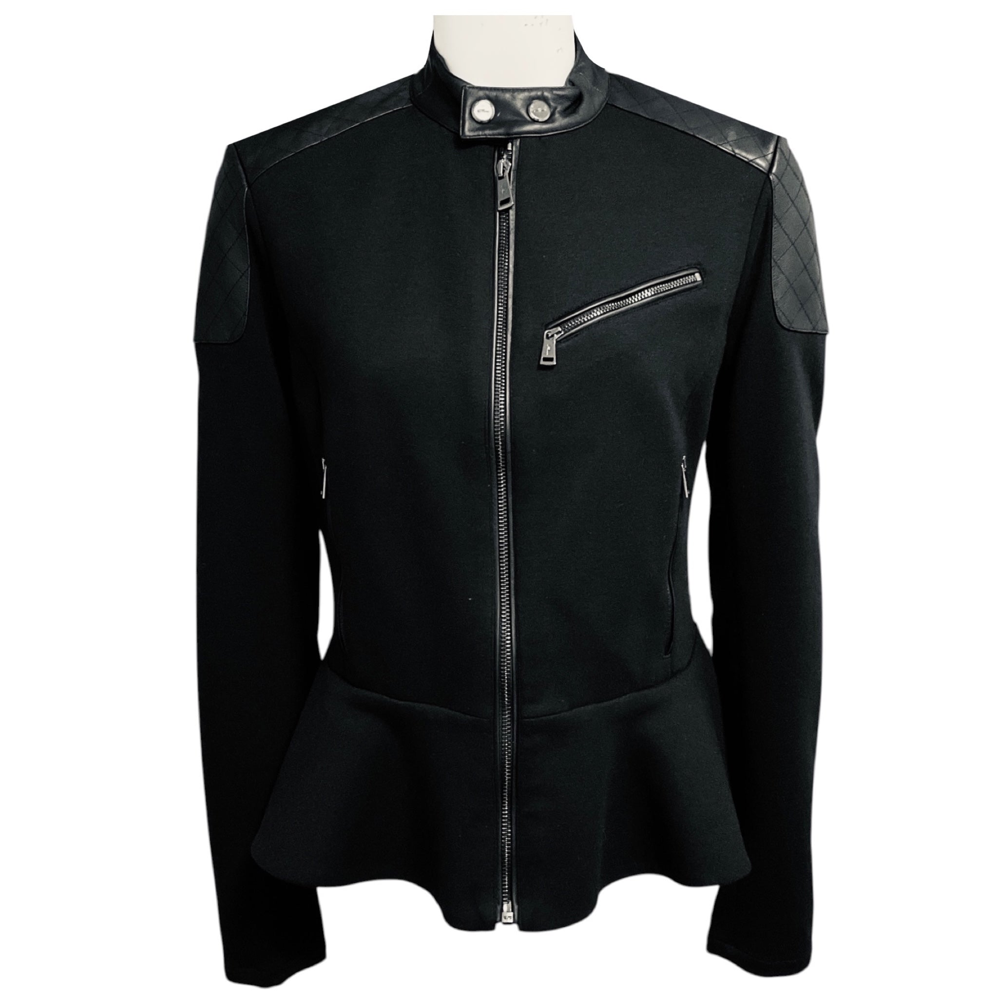 Ralph Lauren Black Label Black Calf Leather and Cotton Jersey Zip Front Jacket